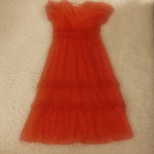 Dress reddish orange long but not to the floor ruffle short sleeves Andree unit